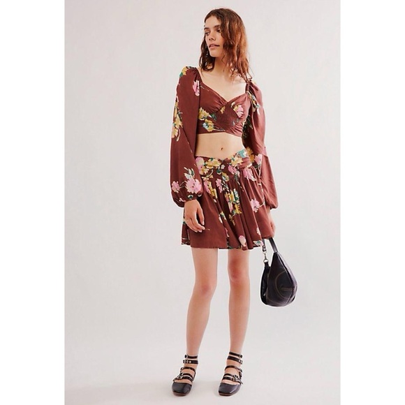 NWT Free People Dusk Til Dawn Skirt Set Long Sleeve Crop Top Floral Brown Small - Picture 14 of 14